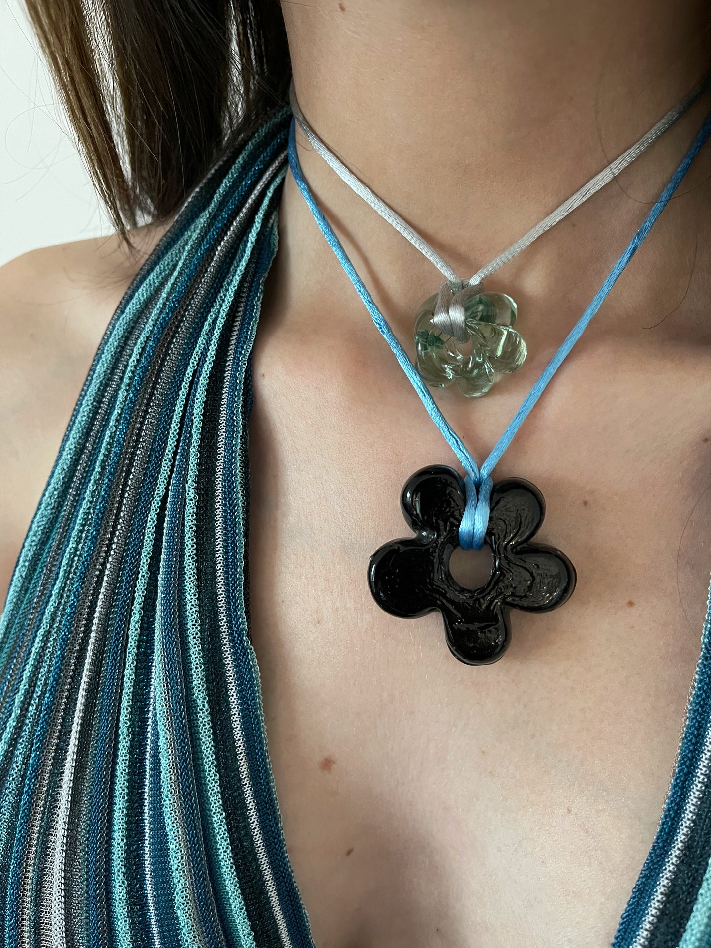 CRYSTAL TRANSPARENT JELLY with grey cord & LARGE BLACK FLOWER with aqua cord